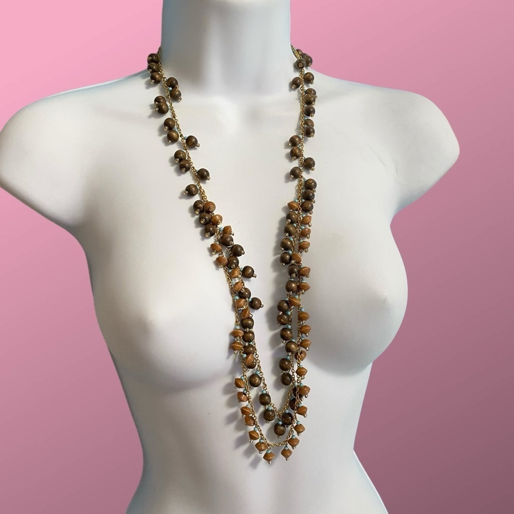 Wood Beads Dangles Gold Tone Layered Long Necklace